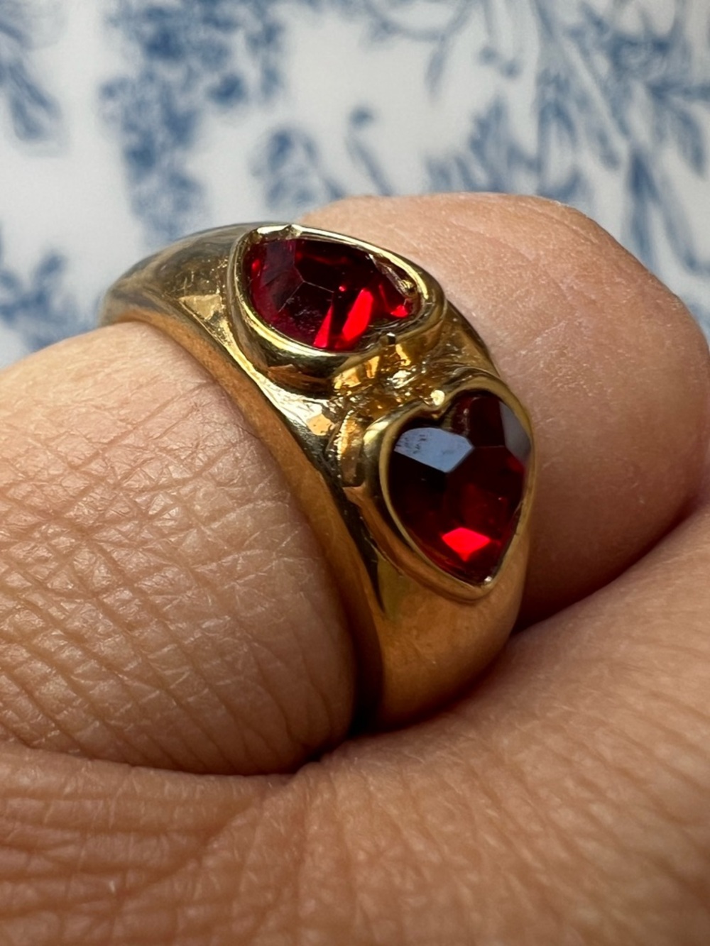 Gold Tone Double Heart Ruby Red Ring Size 5.75 #57523 - Picture 2 of 5